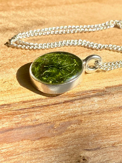 Beautiful silver-plated round pendant with moss.