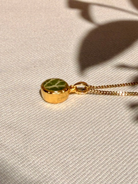Uniek natuursieraad met groen fittonia blad met nerven in 22k vergulde hanger