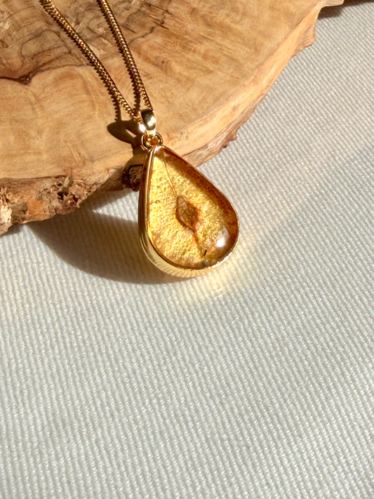 24K vergulde hanger met natuurlijk iepenzaad zichtbaar in transparante resin laag