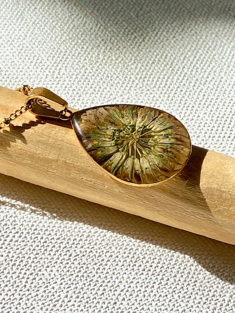 Dried Clover Flower in a gold plated drop pendant
