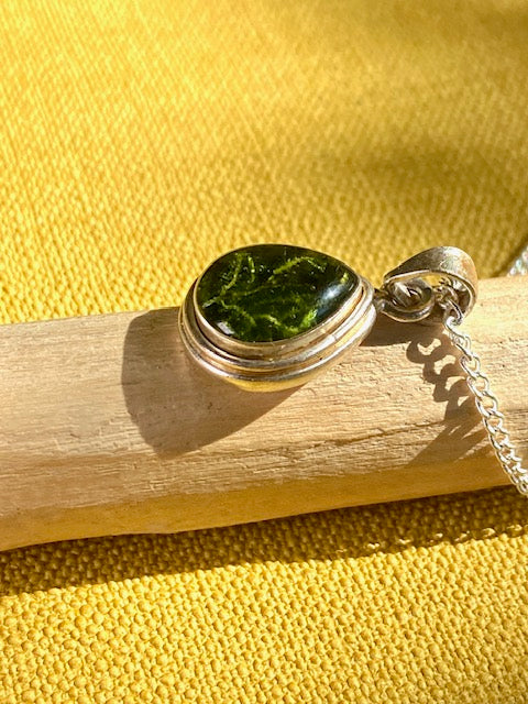 Exclusieve zilveren druppelhanger met mos.