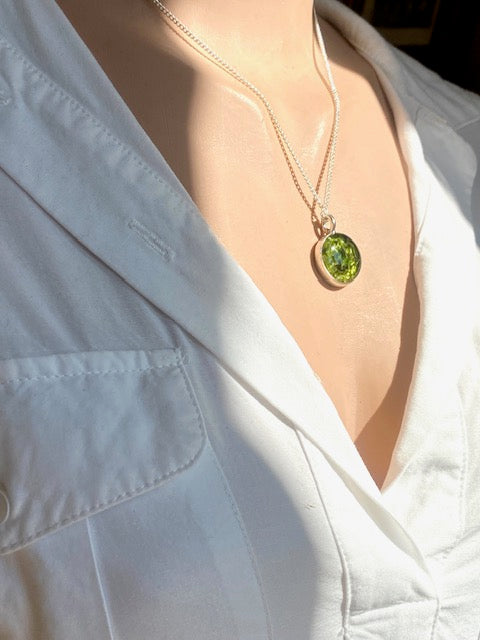 Schitterende verzilverde ronde hanger met mos.