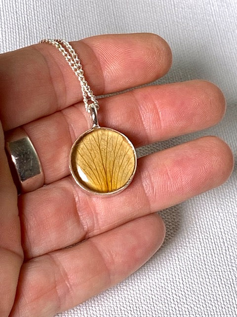 Zilveren ketting met gedroogd blad van roos, beige bruin
