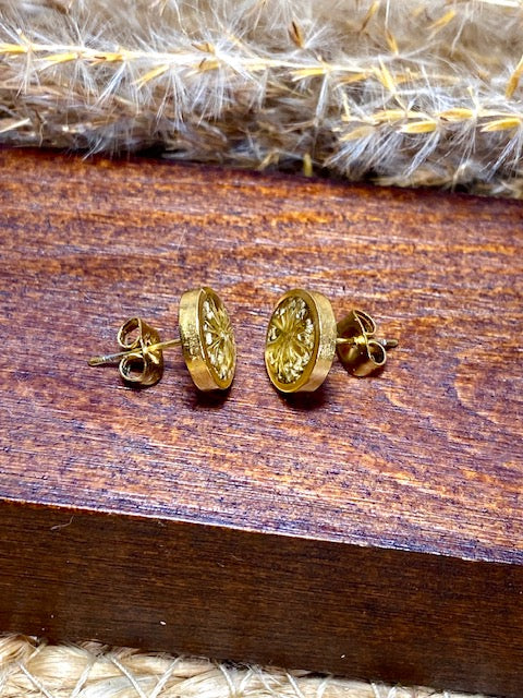 gold plated botanische oorstekers met witte schermbloemen