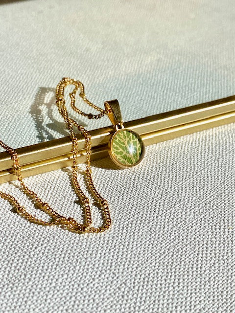 Aan deze 18k vergulde ketting hangt een prachtig hangertje met een detail van de fittonia plant.