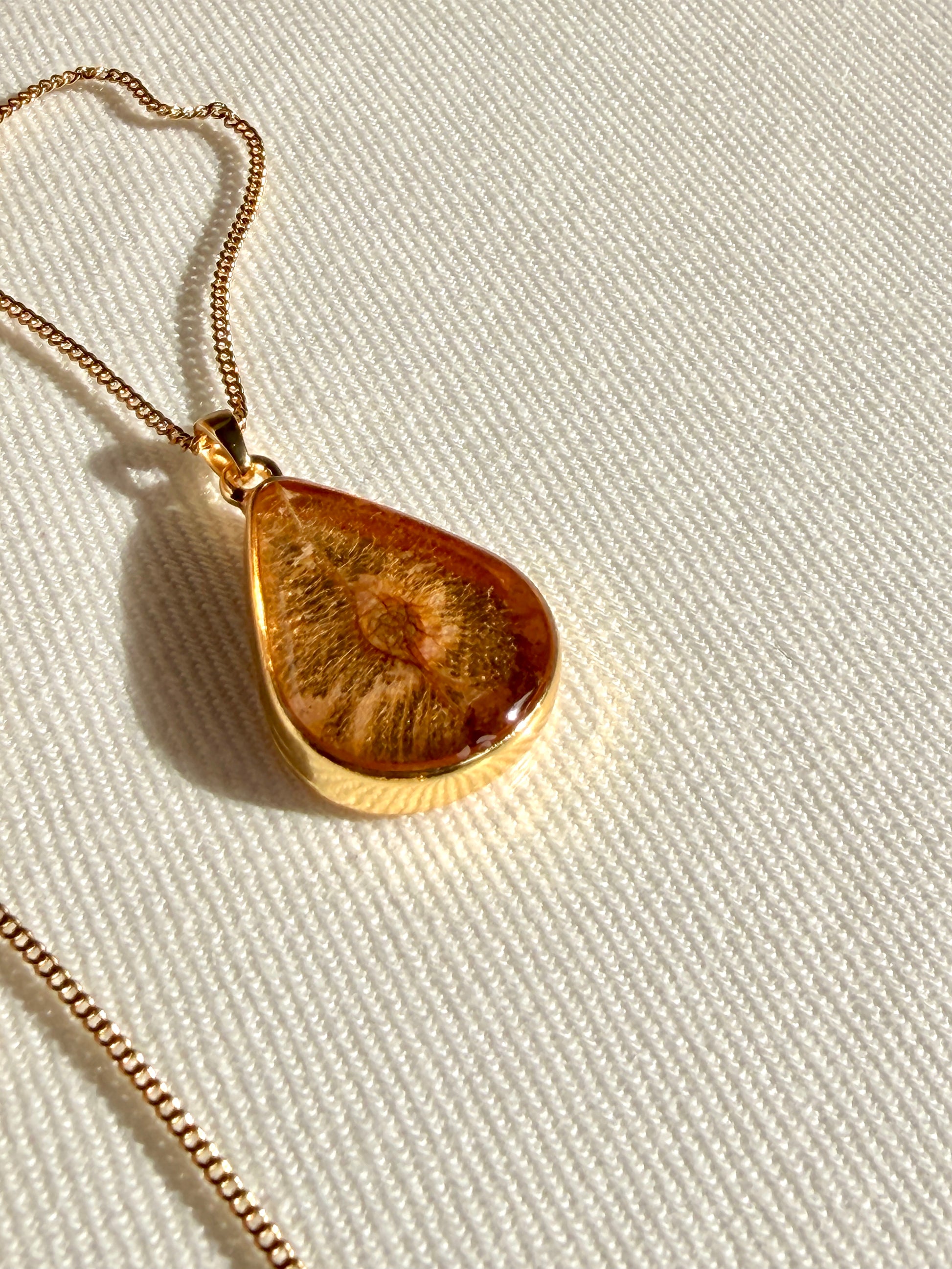 Botanisch sieraad van BeLeaf Art met iepenzaad in resin en 24K vergulde druppel