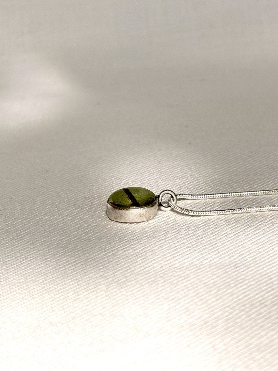 Zijaanzicht van een verzilverde hanger met varenblad en laagjes heldere hars