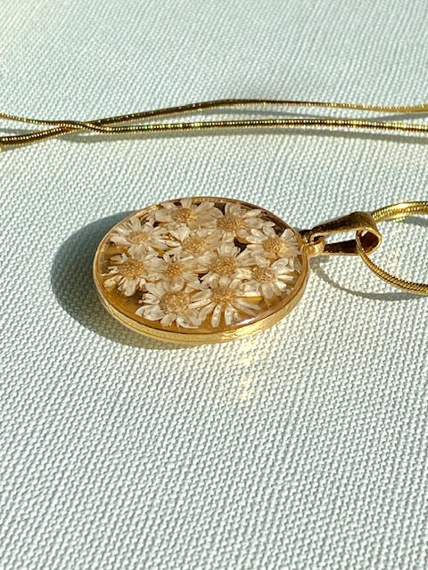 Madeliefjes in een grote ronde hanger, goldplated.