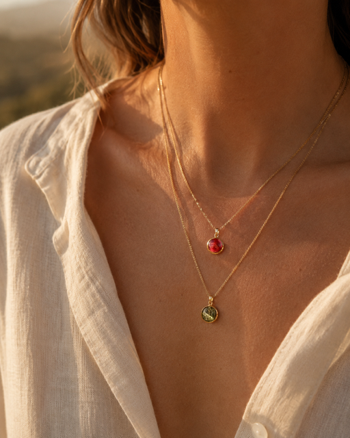 Botanische ketting met groen blad en opvallende lichte nerven op model