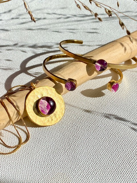 magical flower pendant and brace with real rose petals 22k gold plated brass high quality