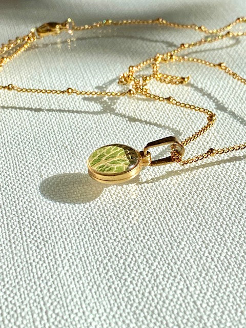 Aan deze 18k vergulde ketting hangt een prachtig hangertje met een detail van de groen witte fittonia plant.
