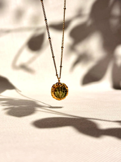 Organische gouden hanger met groen Fittonia blad en lichte nerven