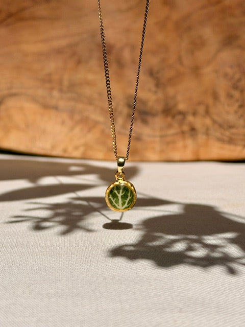 22k vergulde mini hanger met groen fittonia blad en lichte nerven