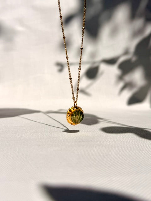 Handgemaakt sieraad met Fittonia blad en gold plated ketting