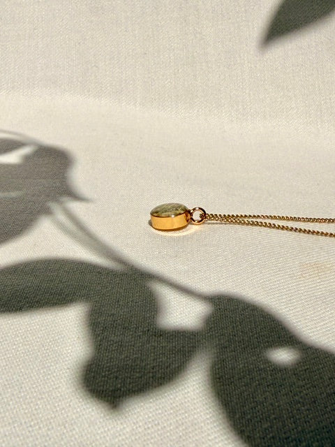 Gouden hanger met echt fittoniablad en lichtgroene nerven