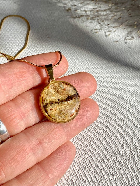 beautiful botanical pendant with birchbark goldplated, handmade