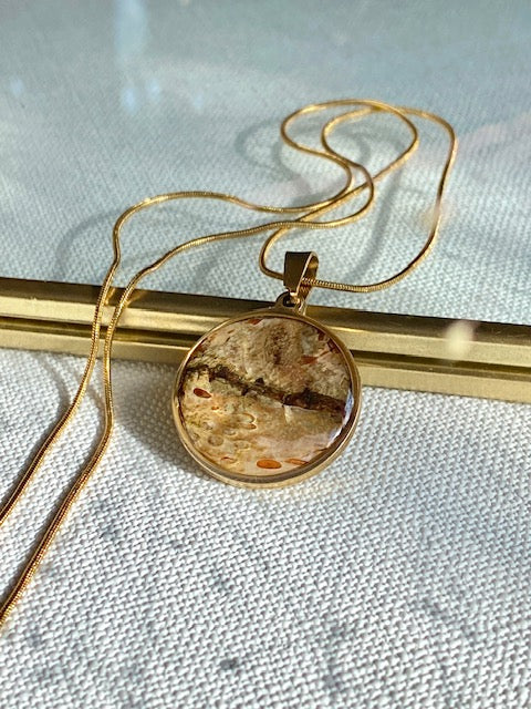 beautiful botanical necklace with birchbark goldplated