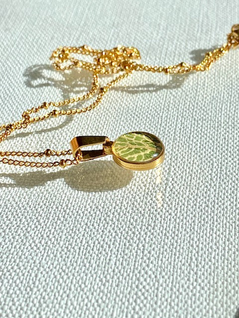 Aan deze 18k vergulde botanische ketting hangt een prachtig hangertje met een detail van de fittonia plant.