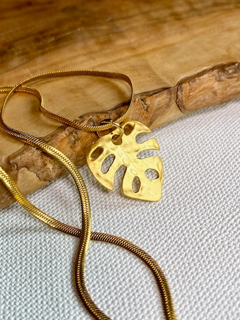botanical monstera leaf necklace 22k gold plated
