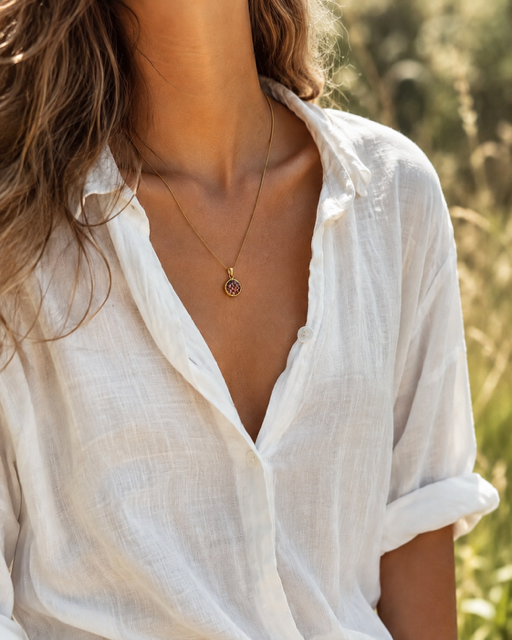 Botanische ketting met kievitsbloem in een 22k vergulde hanger van 10 mm op model