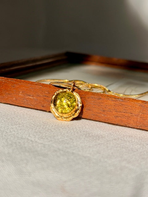 botanische gouden hanger met echte mossen in organisch rond ontwerp van beleaf art 22k verguld