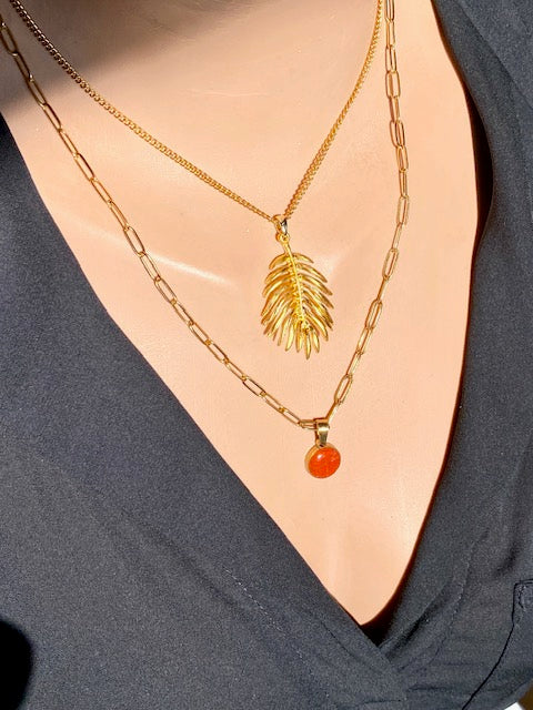 palm leaf necklace and botanical necklace orange