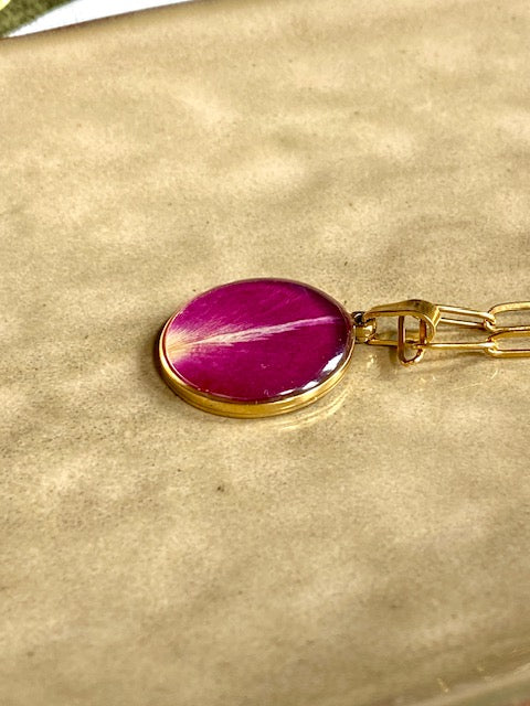 handmade birthflower pendant with real rose petal goldplated wit paperclip necklace