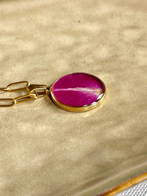 handmade birthflower pendant with real rose petal goldplated wit paperclip necklace