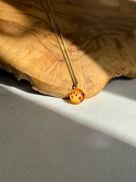 Vergulde botanische ketting met echt tijgerleliebloemblad naast hout