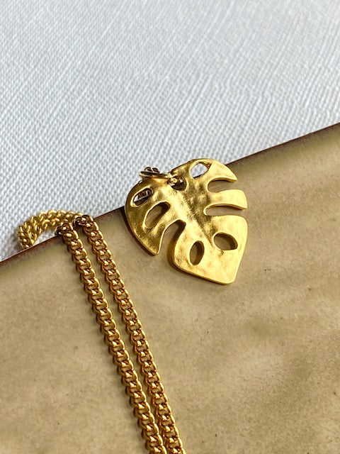monstera leaf necklace 22k goldplated brass
