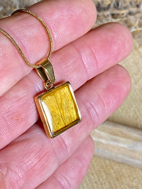 Goudkleurige vierkante kleine hanger met goud-geel Beukenblad.